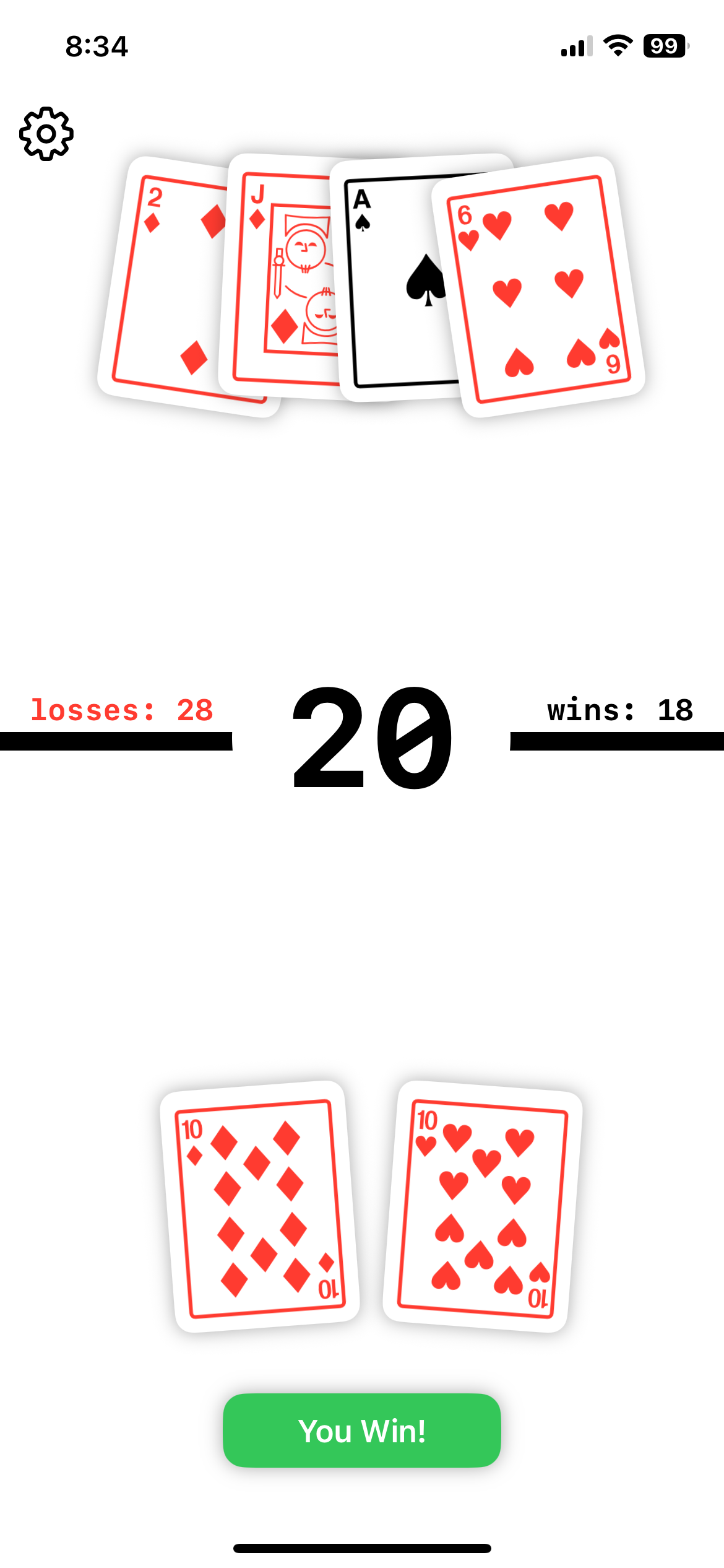 Minjack gameplay with winning hand